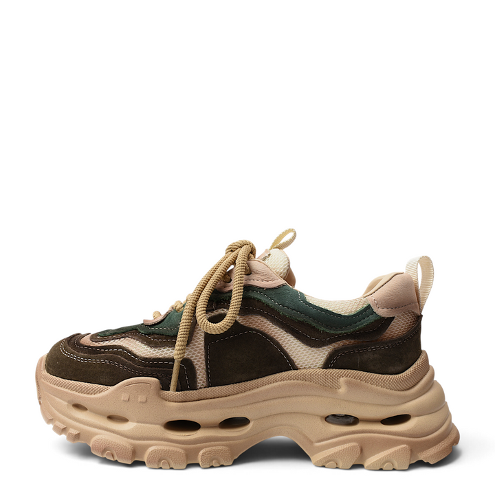 ada-shoes.ro brown and green suede sneakers with a chunky beige platform sole and lace-up closure