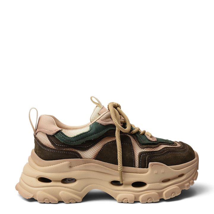 ada-shoes.ro brown and green suede chunky sneakers with beige platform sole and lace-up closure