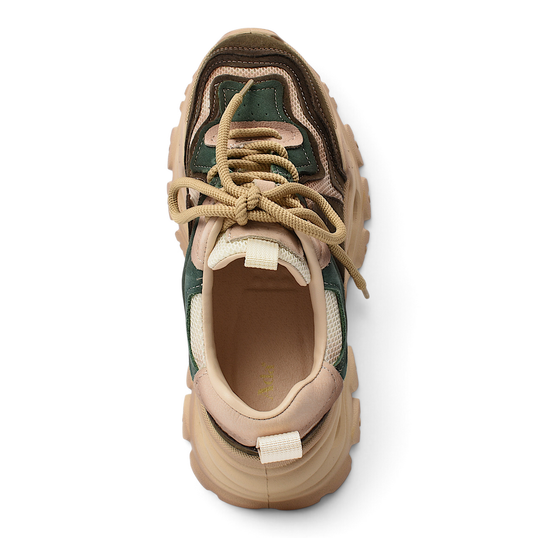 ada-shoes.ro brown and green suede sneakers with lace-up closure and flexible chunky sole for casual daily wear