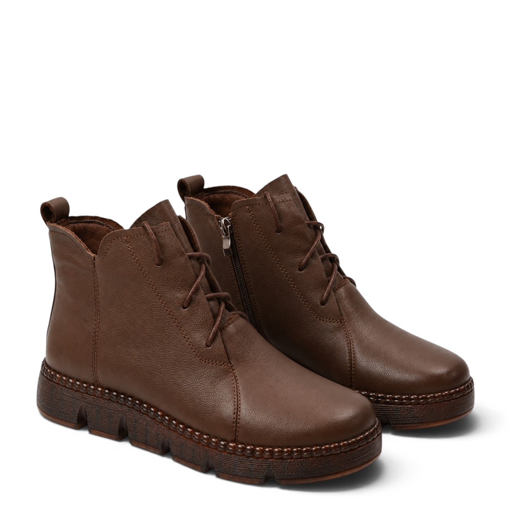 ada-shoes.ro brown leather casual ankle boots with laces and side zipper for women