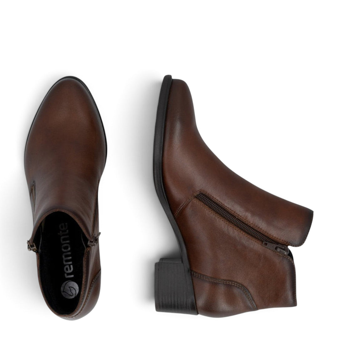 ada-shoes.ro Remonte brown leather ankle boots with block heel and side zipper closure for women