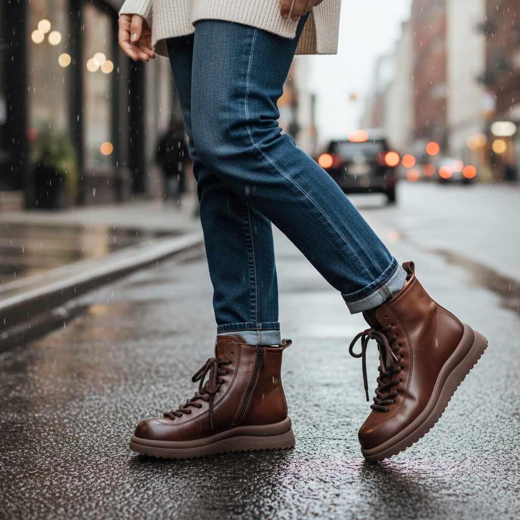 ada-shoes.ro Formazione brown leather casual boots with laces and side zipper worn with jeans on a rainy city street