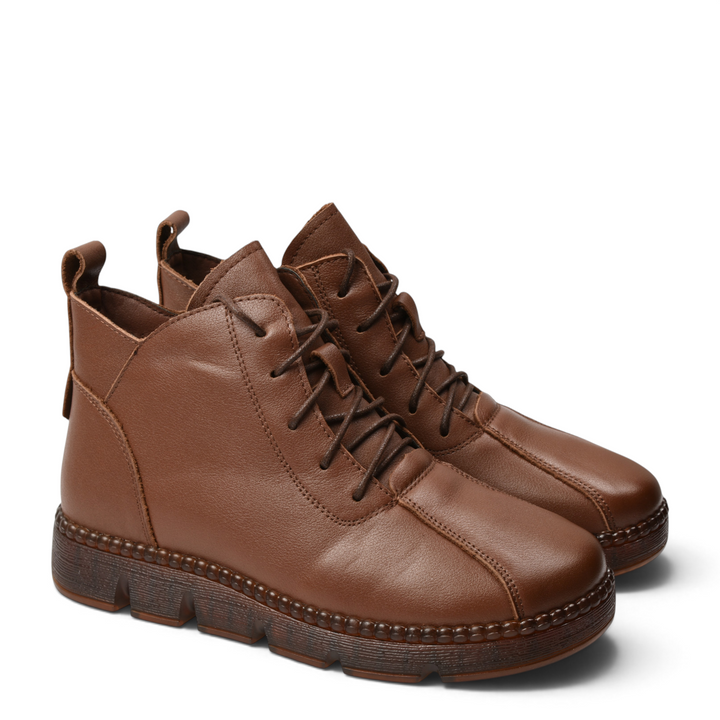 ada-shoes.ro brown leather casual ankle boots with laces and a flexible sole for women