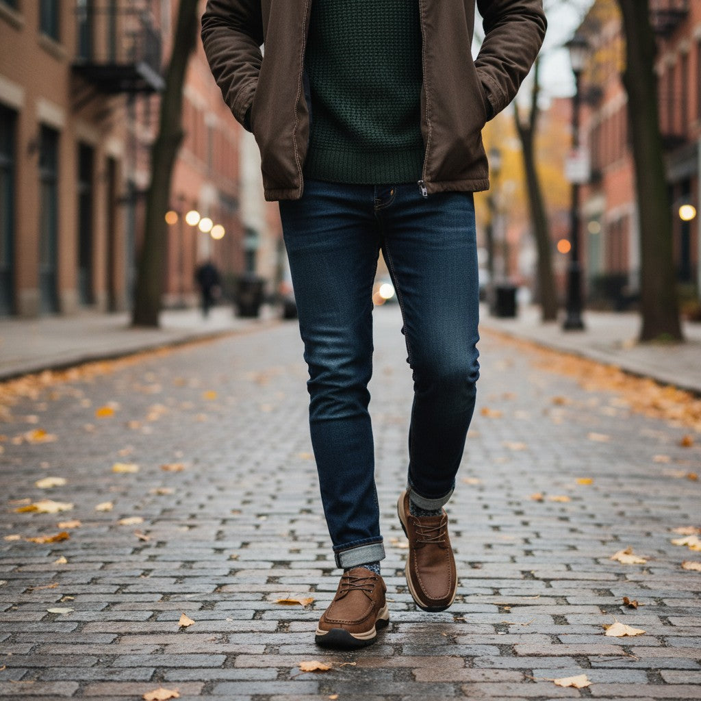 ada-shoes.ro Mels casual brown leather shoes worn with dark blue jeans on a cobblestone street in autumn