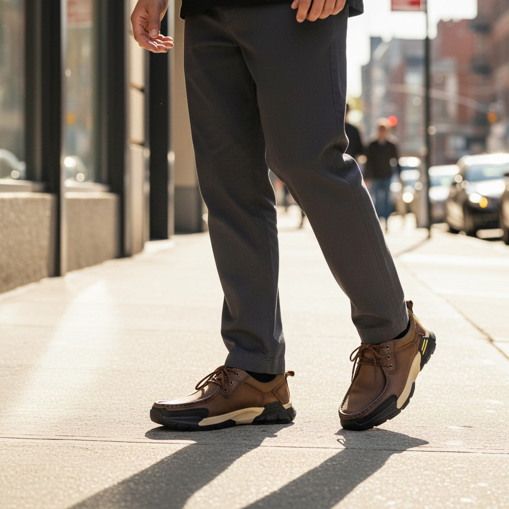 ada-shoes.ro brown leather casual shoes with lace-up closure and flexible sole worn by a man on a city sidewalk
