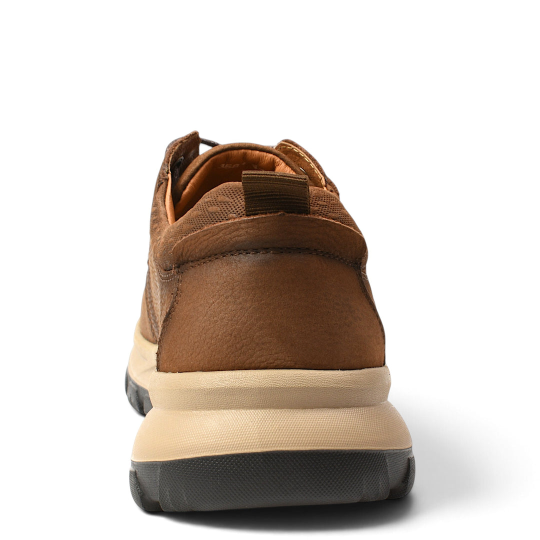 ada-shoes.ro brown leather casual sneakers with a flexible beige sole, shown from the back view.