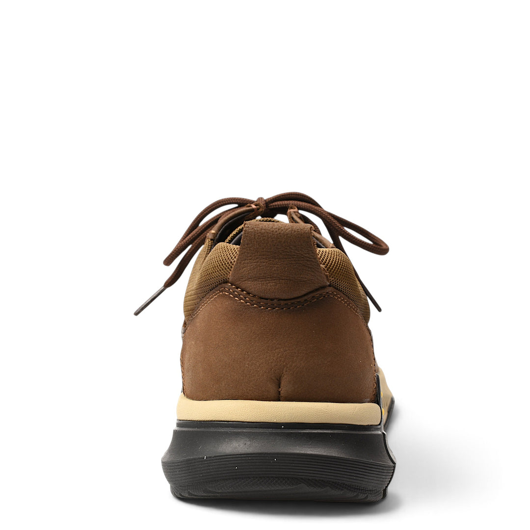ada-shoes.ro brown leather sneakers with lace-up closure and flexible black and beige sole, rear view