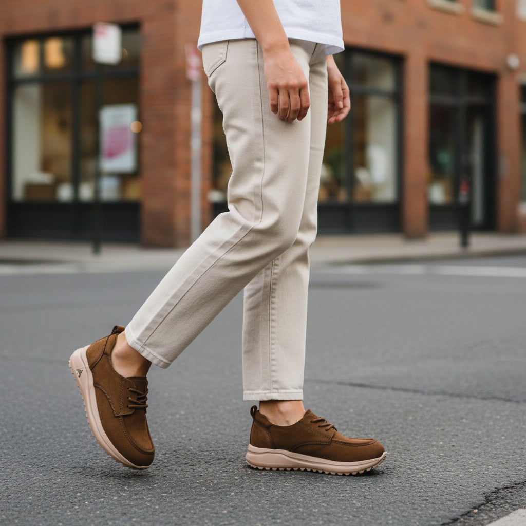 ada-shoes.ro brown nubuck leather sneakers with lace-up closure and flexible sole worn by a woman on a city street
