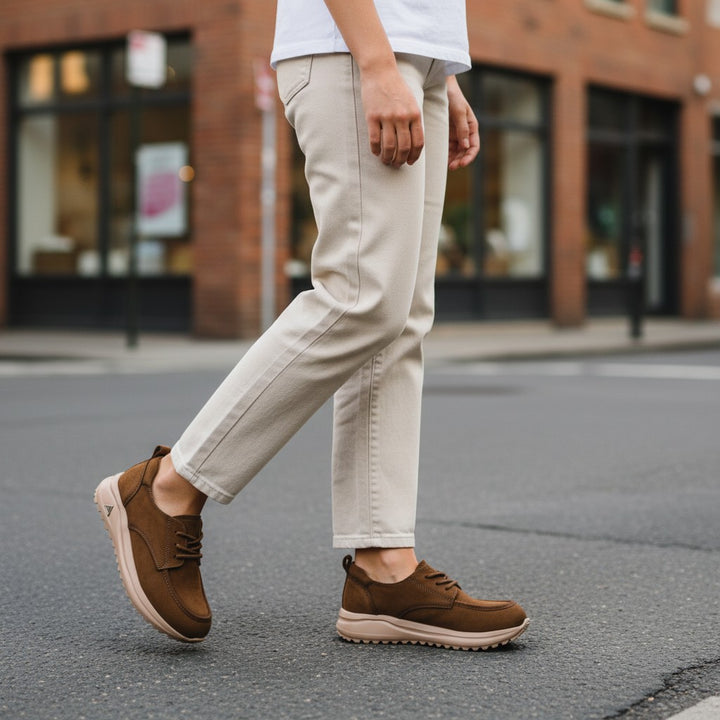 ada-shoes.ro brown nubuck leather sneakers with lace-up closure and flexible sole worn by a woman on a city street