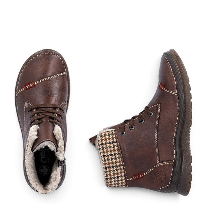 ada-shoes.ro brown Rieker casual ankle boots with wool lining, lace-up and zipper closure, and houndstooth detail.