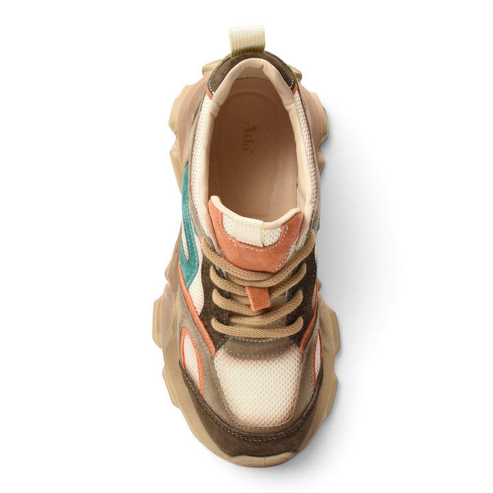 ada-shoes.ro brown suede and mesh sneakers with a chunky 5cm sole and lace-up closure, viewed from above.