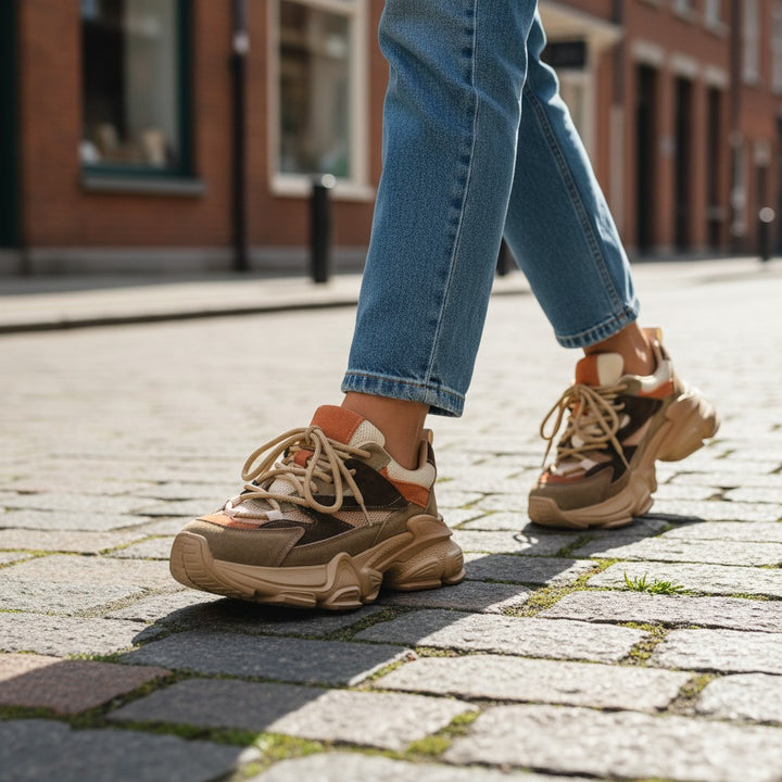 ada-shoes.ro brown suede sneakers with chunky soles worn with blue jeans on a cobblestone street