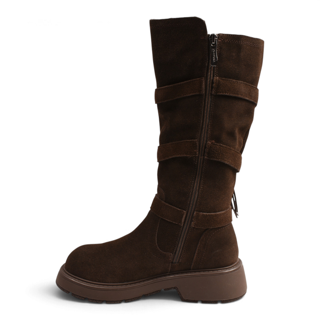ada-shoes.ro brown suede boots with side fringe, metal ring straps, and a thick track sole for a boho-chic style.