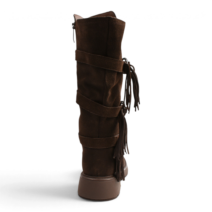 ada-shoes.ro brown suede boots with side fringe, metal ring straps, and a thick track sole, rear view