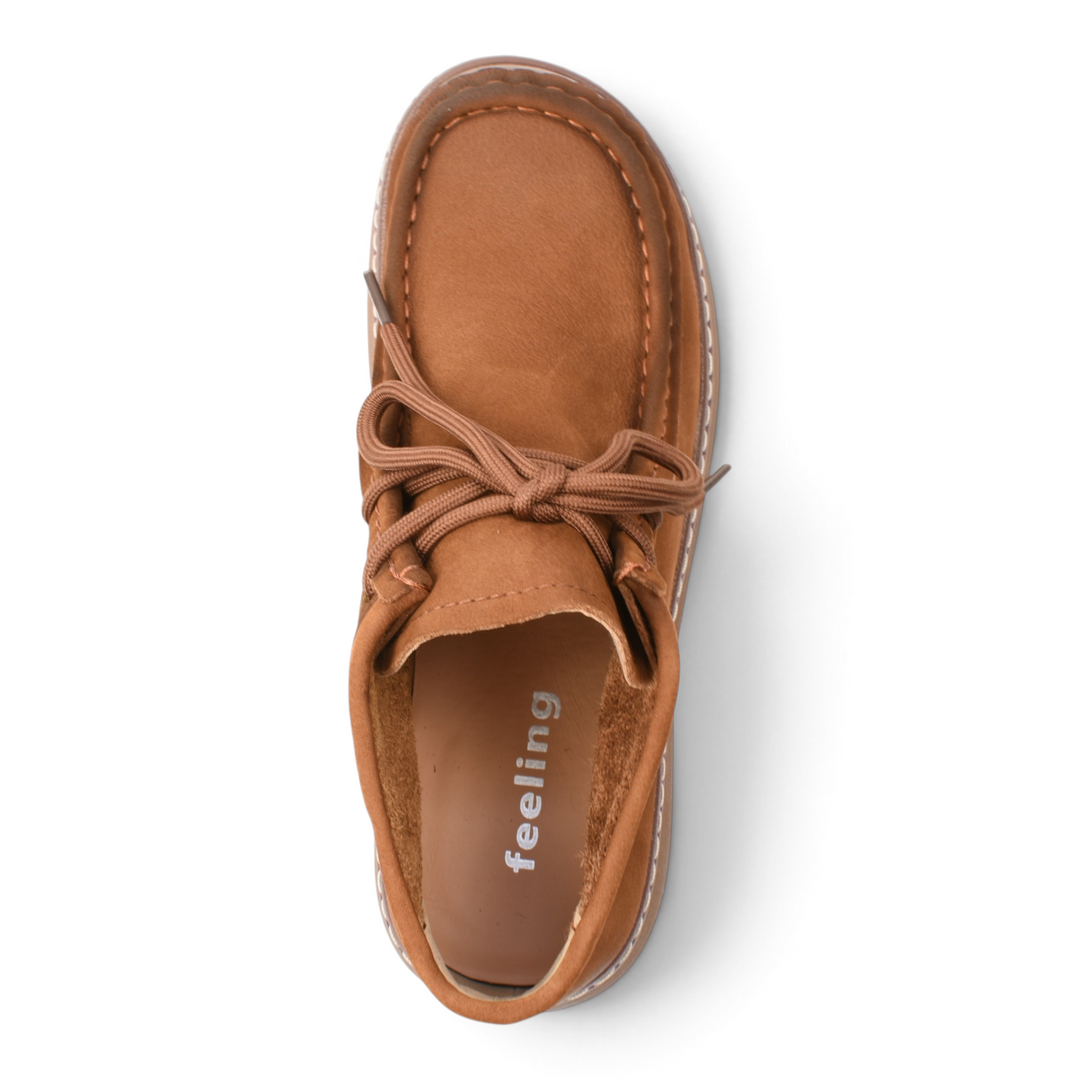 Top view of brown suede Feeling 6307-5-M moccasin-style boots with laces, available at ada-shoes.ro