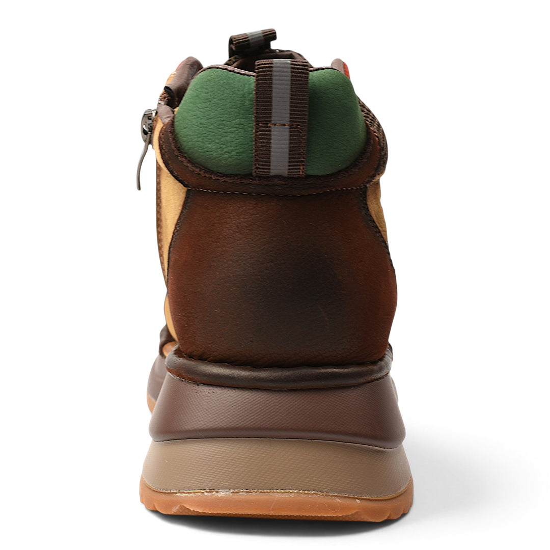 ada-shoes.ro Franco Gerardo brown suede casual ankle boots with green heel detail and thick platform sole, back view