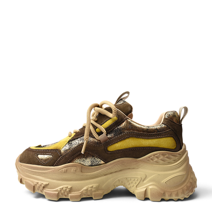 ada-shoes.ro Franco Gerardo brown suede platform sneakers with gold metallic accents and chunky beige rubber sole