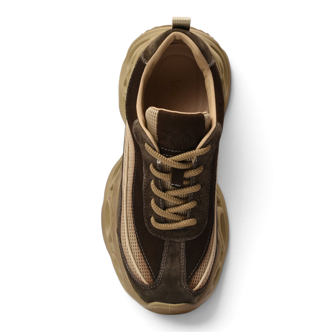 ada-shoes.ro brown suede sneakers with a thick 5cm platform sole and lace-up closure, top-down view.