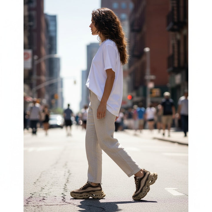 Woman wearing ada-shoes.ro brown suede sneakers with a 5cm platform sole while walking on a city street.