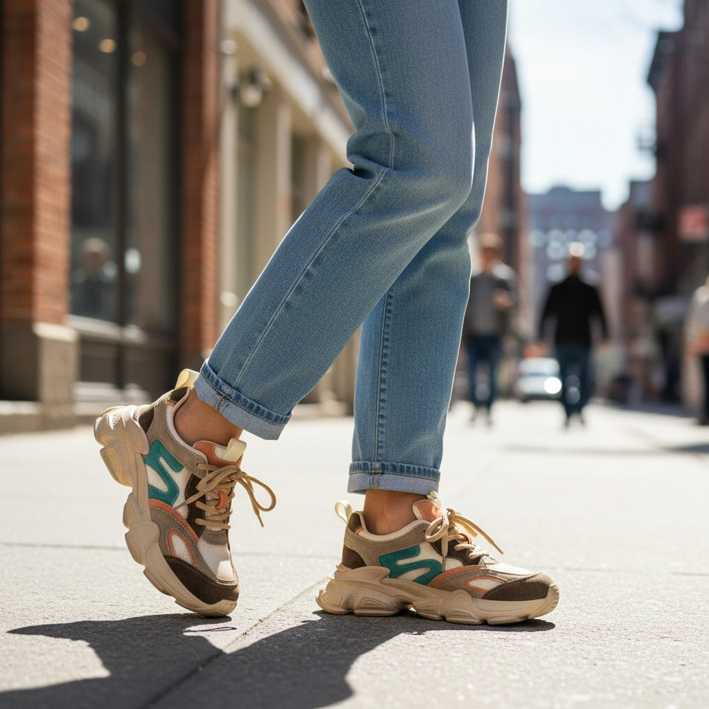 ada-shoes.ro brown suede sneakers with teal and white accents, featuring a thick platform sole and lace-up closure.