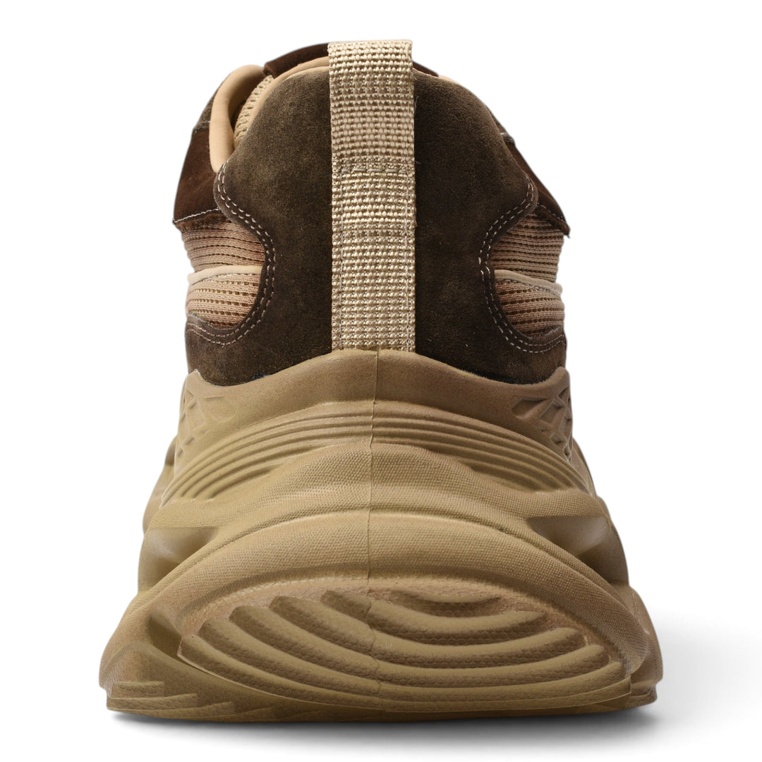 Back view of ada-shoes.ro brown suede sneakers with a thick 5cm flexible platform sole and beige heel pull tab.