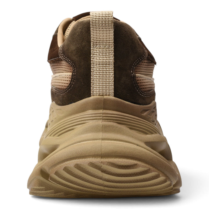 Back view of ada-shoes.ro brown suede sneakers with a thick 5cm flexible platform sole and beige heel pull tab.