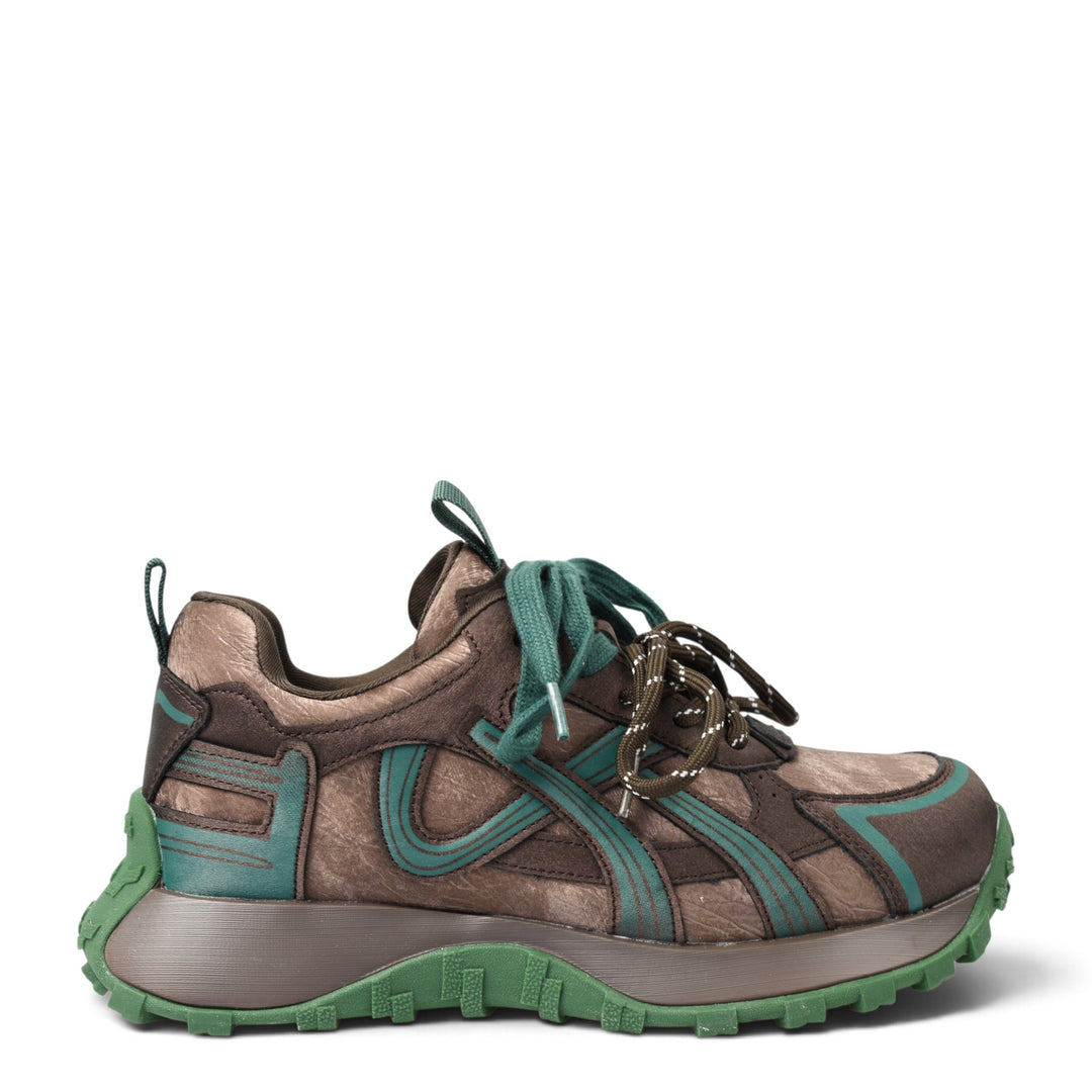 ada-shoes.ro Gryxx brown suede sneakers with green accents, lace-up closure, and a flexible chunky rubber sole.