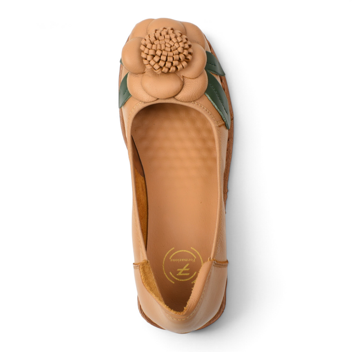 ada-shoes.ro Formazione camel leather casual shoes with 3D floral accent and green leaf details, top-down view