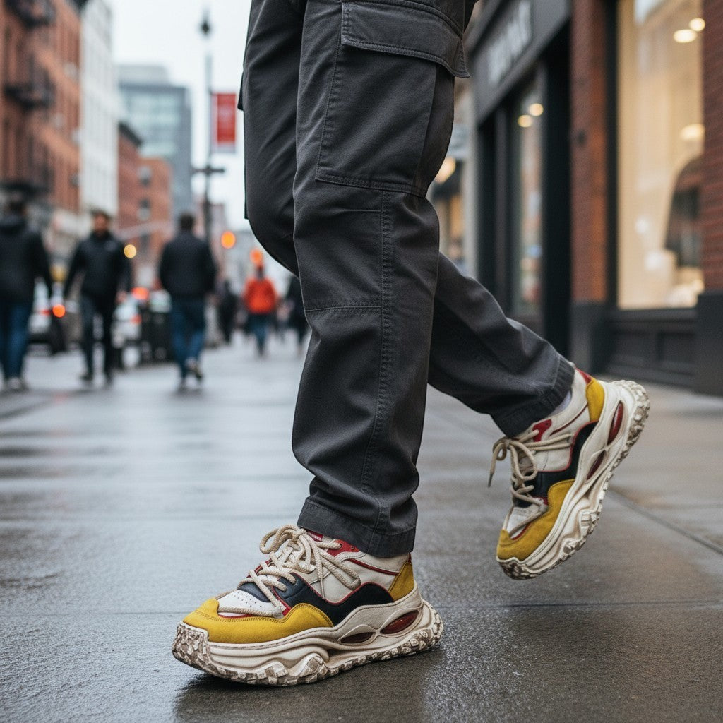 ada-shoes.ro casual sneakers featuring a chunky textured sole, worn with grey cargo pants on a city street.