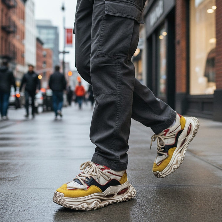 ada-shoes.ro casual sneakers featuring a chunky textured sole, worn with grey cargo pants on a city street.