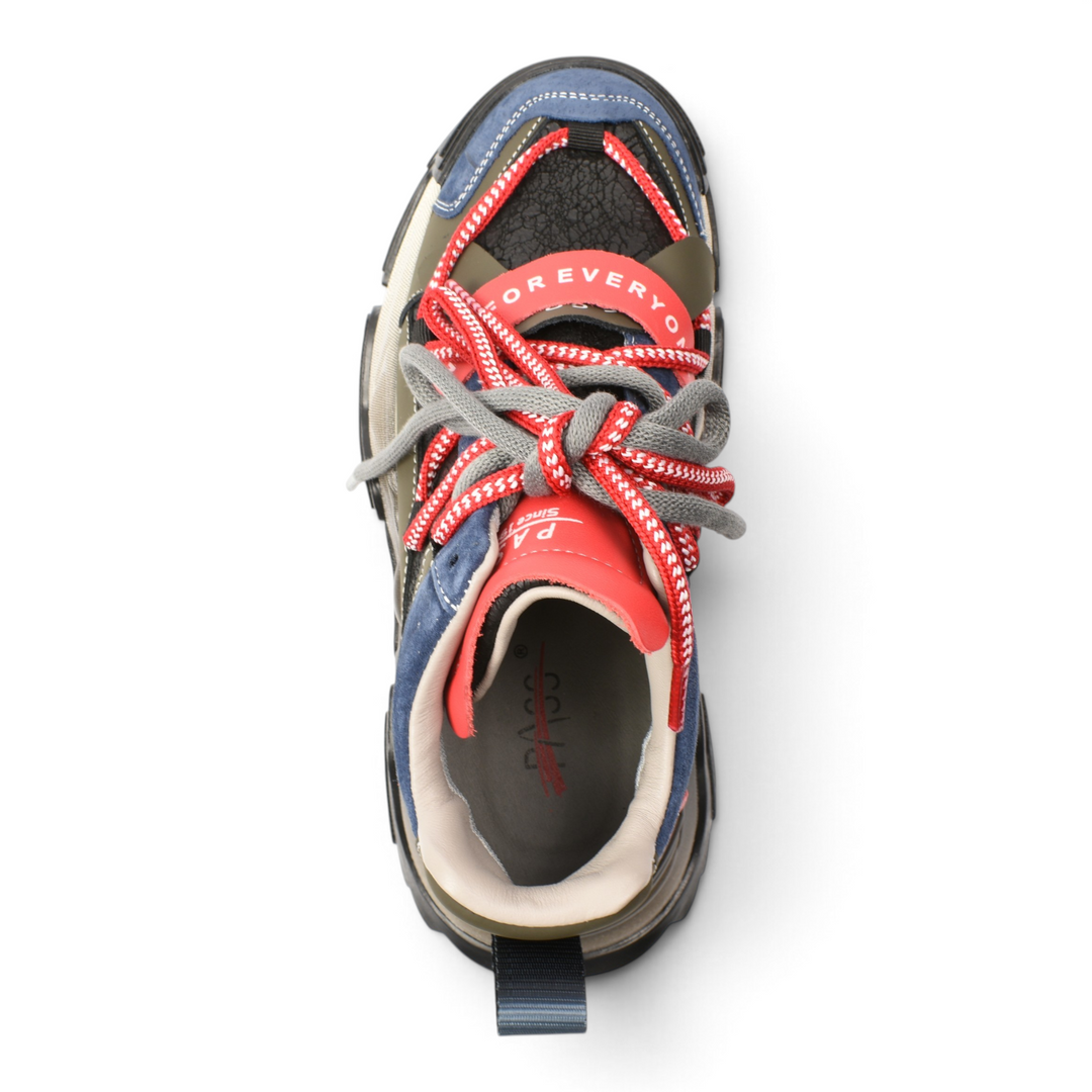 ada-shoes.ro Pass Collection chunky sneakers in blue suede and khaki with red laces and Just For Everyone text detail