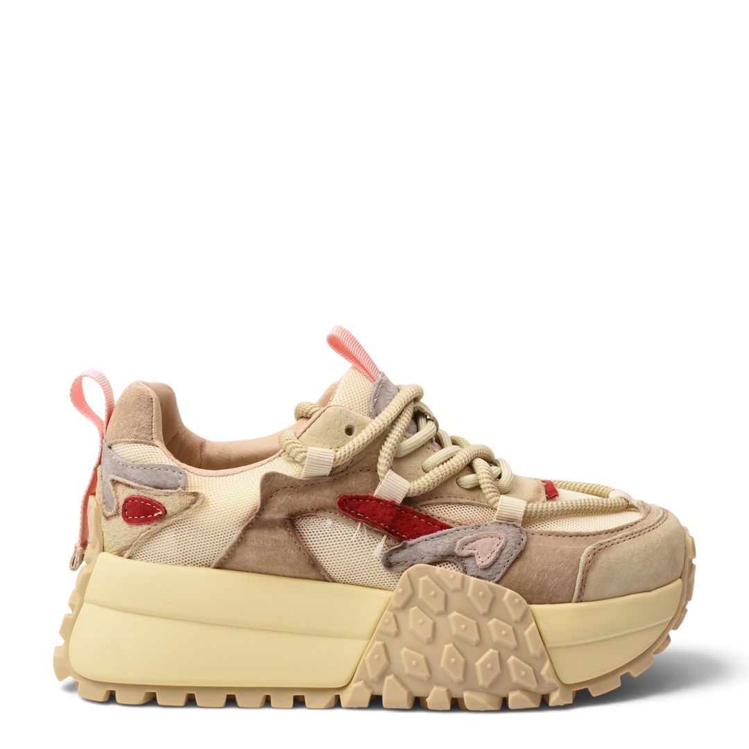 ada-shoes.ro Franco Gerardo sneakers in cream suede and textile with a chunky sculptural sole and pink pull tabs.