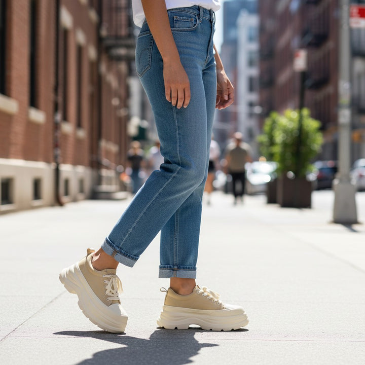 ada-shoes.ro cream leather casual sneakers with thick platform soles worn with blue jeans on a city street
