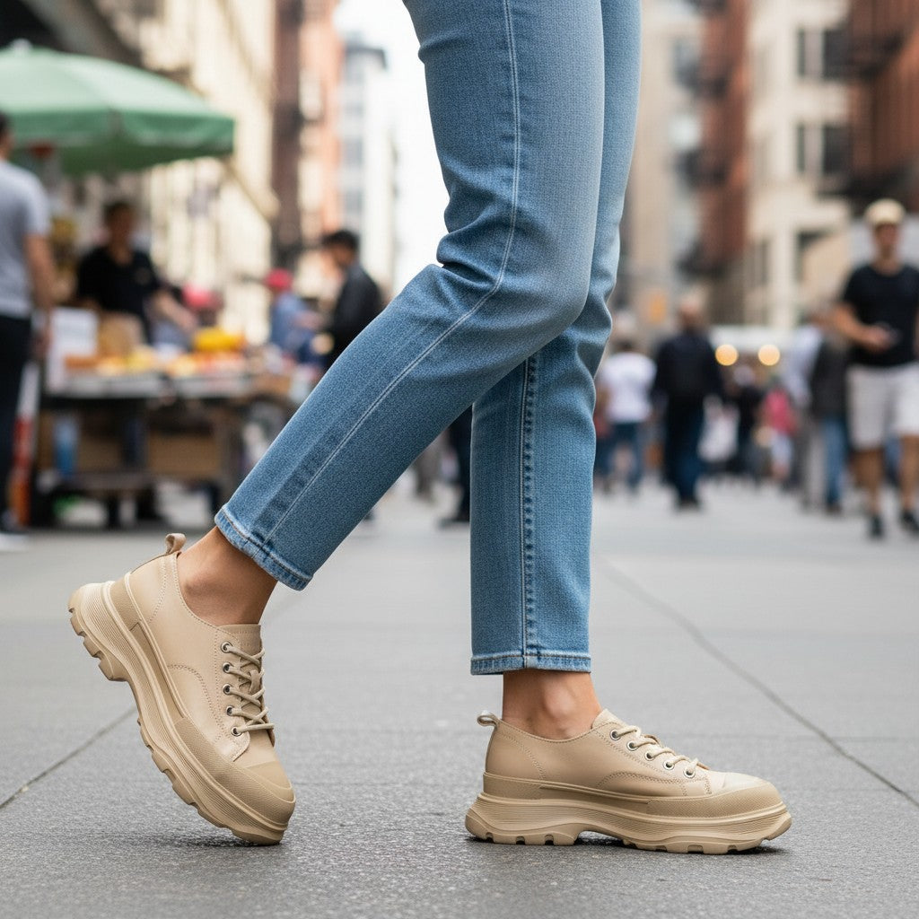 ada-shoes.ro cream leather sneakers with chunky soles worn by a woman in blue jeans on a city street