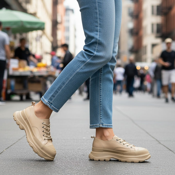 ada-shoes.ro cream leather sneakers with chunky soles worn by a woman in blue jeans on a city street