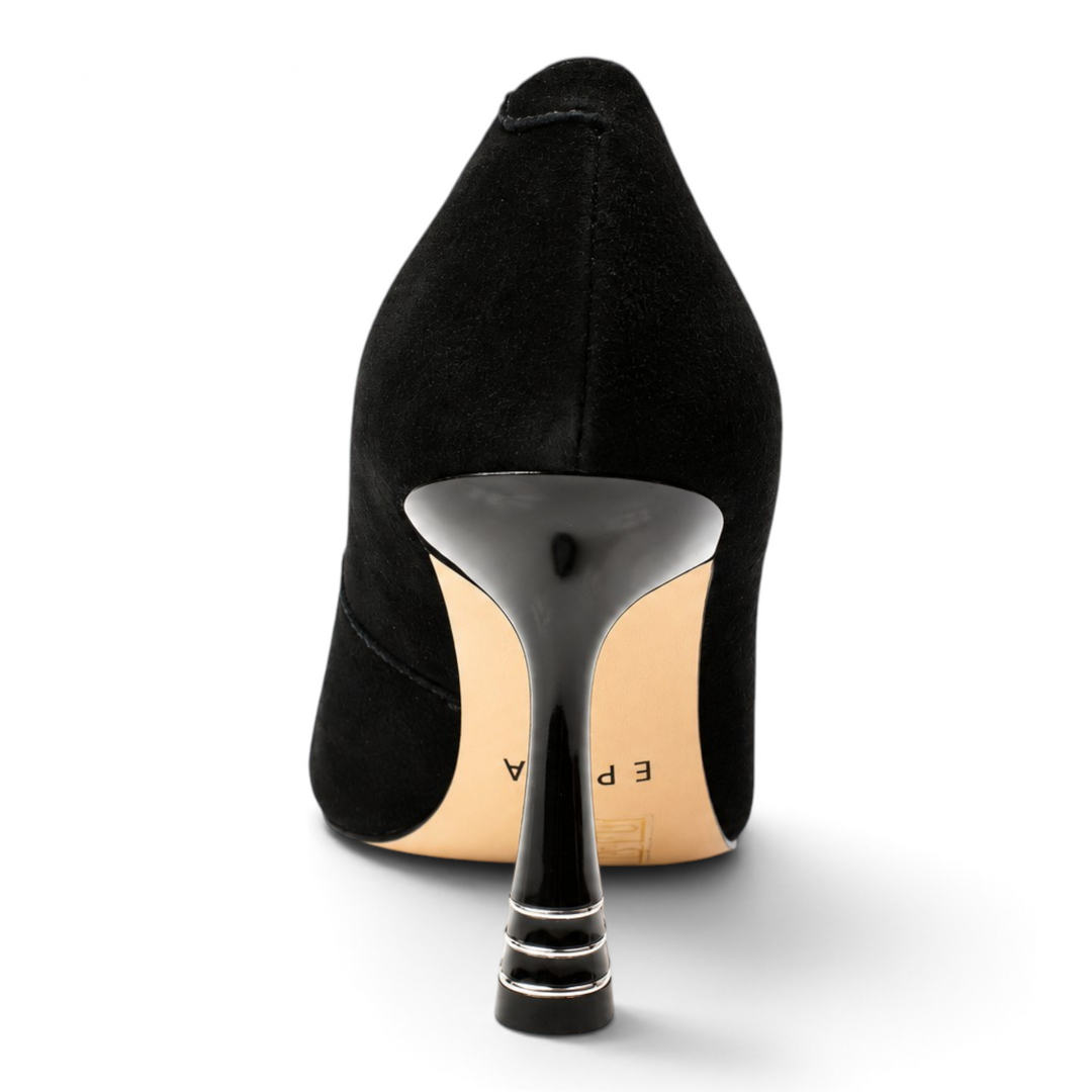 ada-shoes.ro Epica black nubuck leather stiletto heels with a unique decorative glossy heel, back view.
