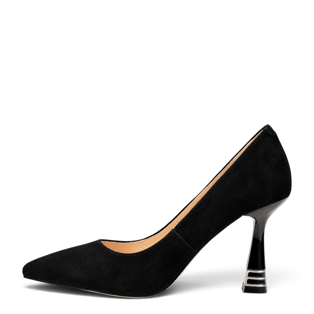 ada-shoes.ro Epica black nubuck leather stiletto pumps with a pointed toe and a unique decorative 8cm heel.