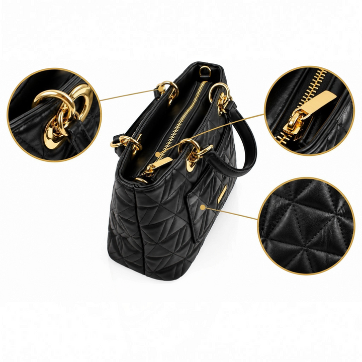 ada-shoes.ro Epica black quilted faux leather handbag with gold metal hardware and geometric triangular stitching