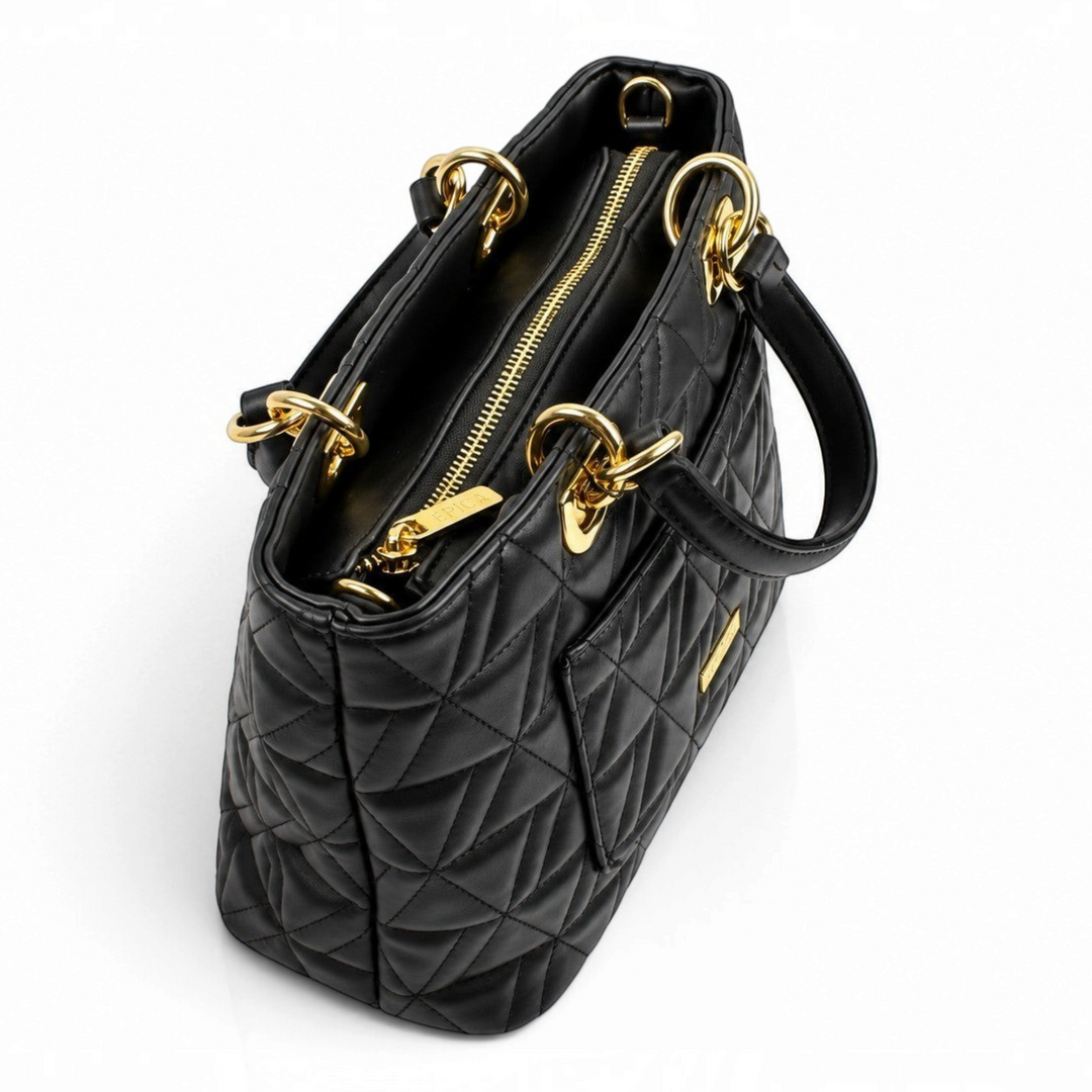 ada-shoes.ro Epica black quilted faux leather handbag with gold metal hardware and top view