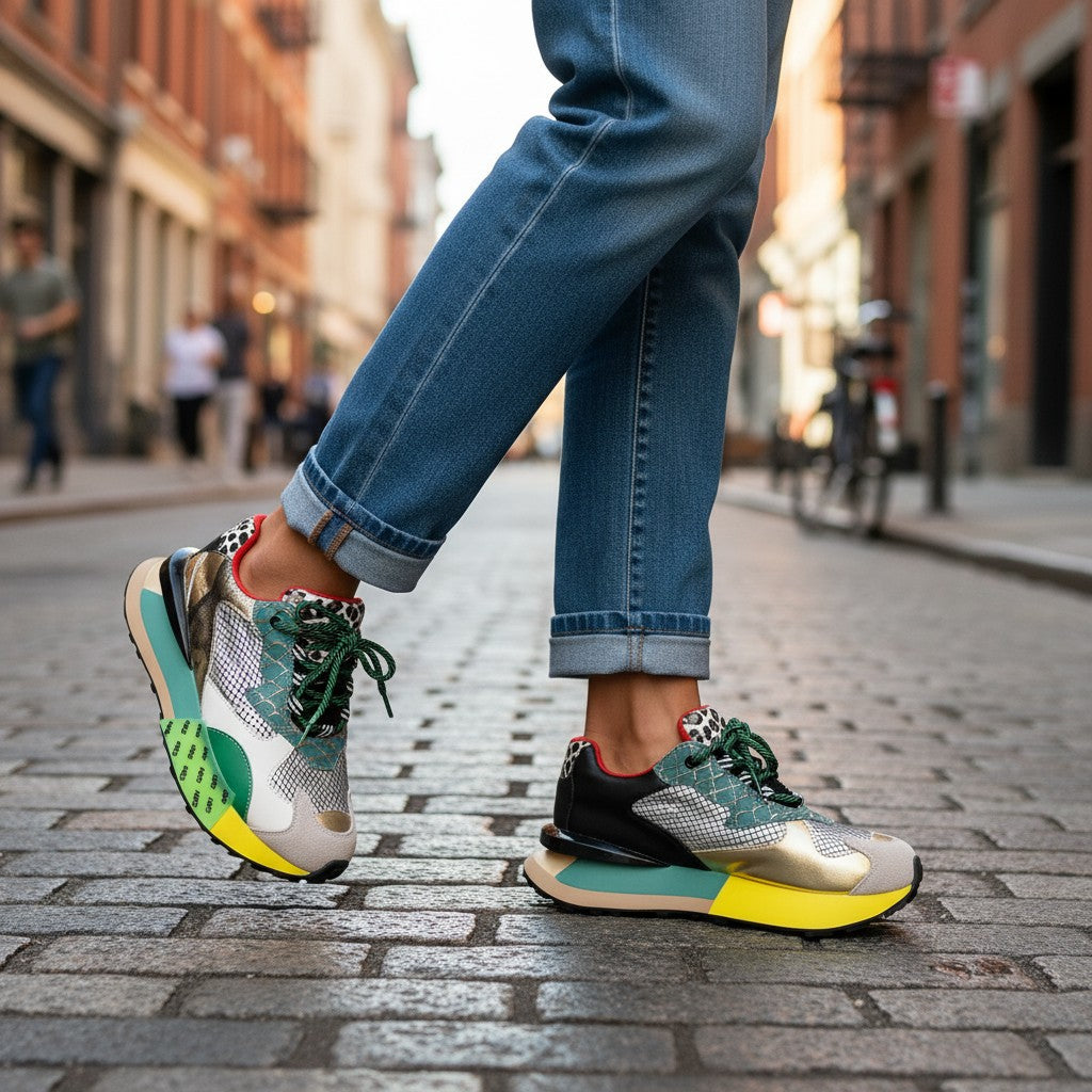 ada-shoes.ro Feeling sneakers in multi-colour leather with metallic accents and green laces on a cobblestone street