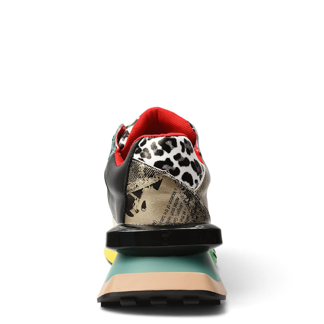 ada-shoes.ro Feeling sneakers featuring a vibrant red, black, and leopard print design with a chunky multi-colored sole.