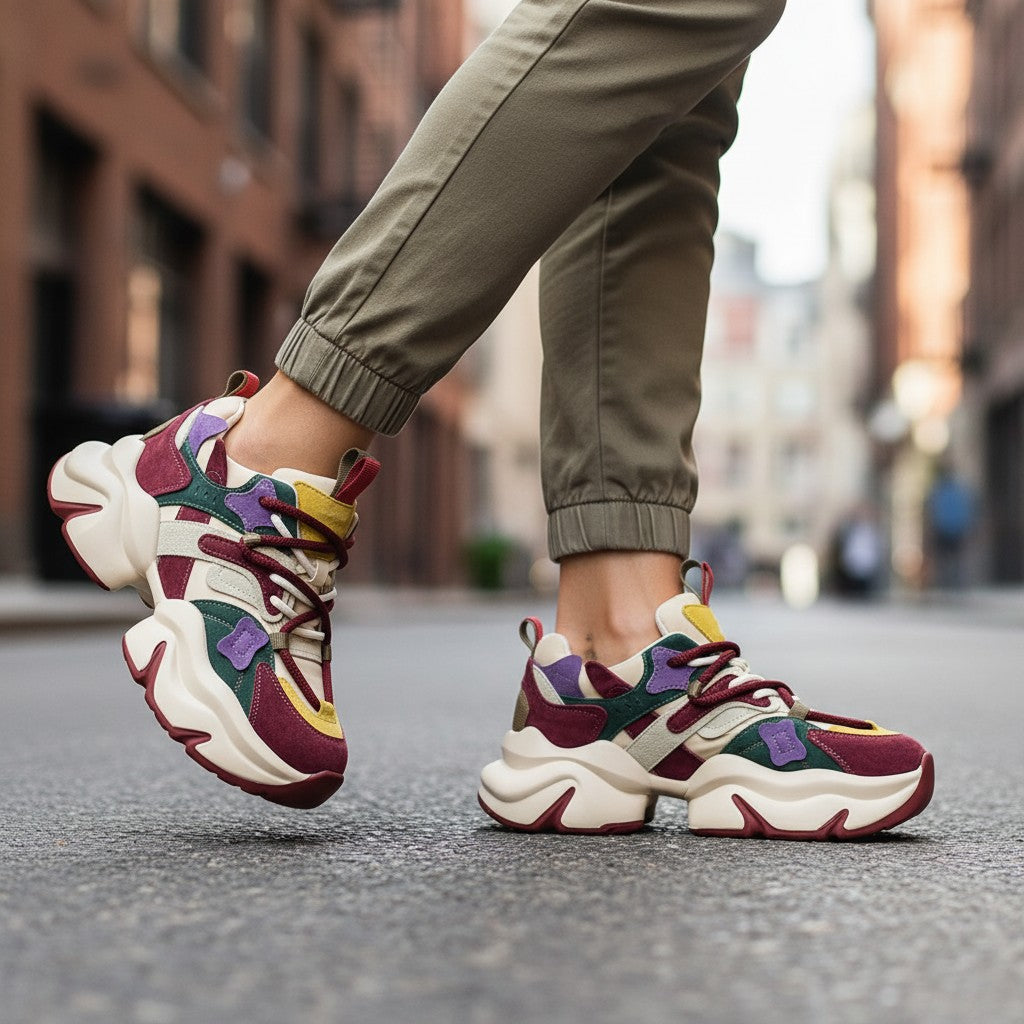 ada-shoes.ro Feeling 3703-R sneakers featuring a vibrant multi-color suede design with a chunky platform sole.