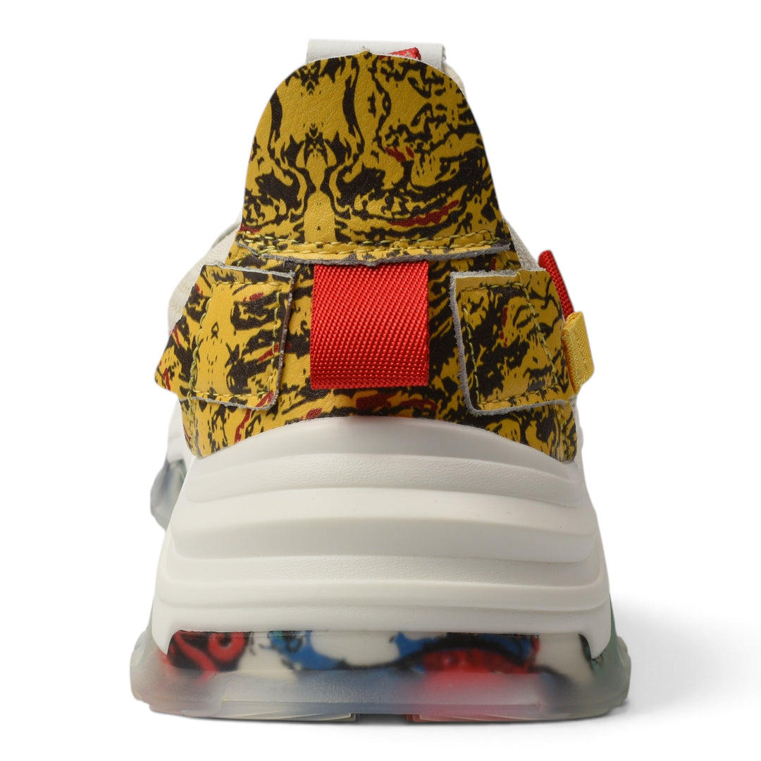 ada-shoes.ro Franco Gerardo sneakers featuring a yellow animal print heel tab, red pull tab, and chunky white sole.