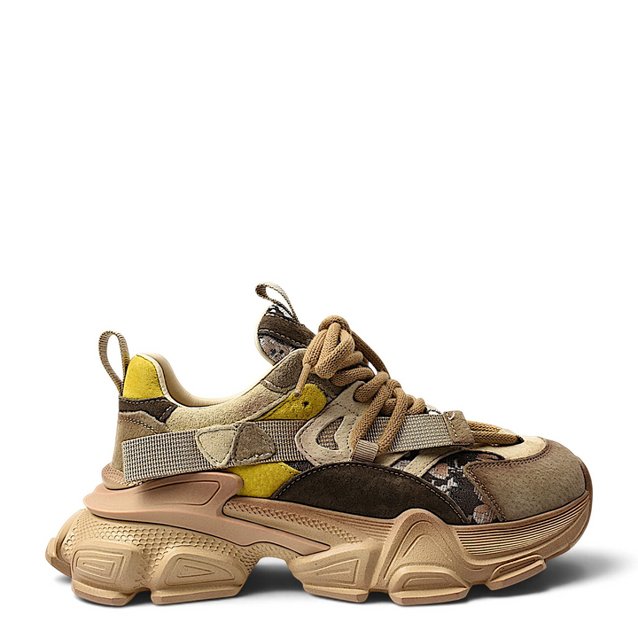 ada-shoes.ro Franco Gerardo beige leather chunky sneakers with yellow accents and lace-up closure