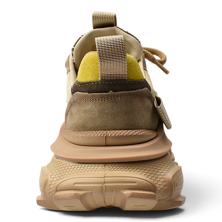 ada-shoes.ro Franco Gerardo beige leather sneakers with a chunky platform sole and yellow heel detail, rear view