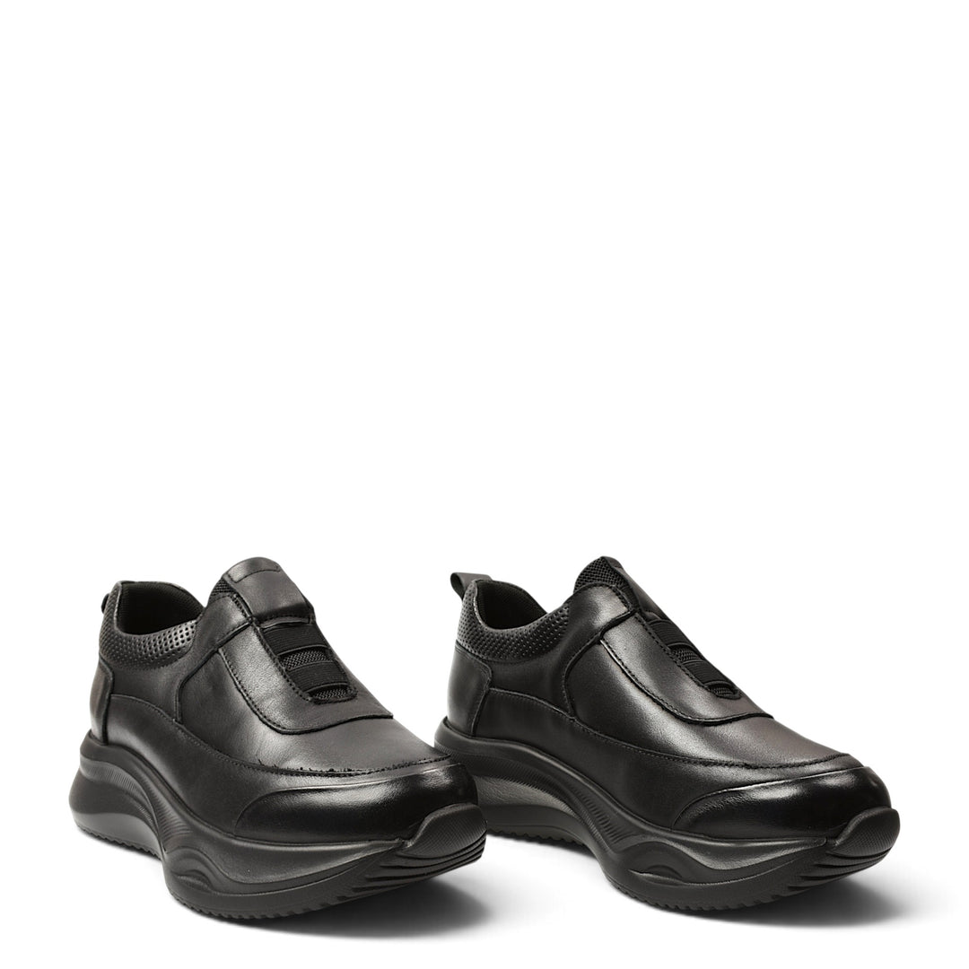 ada-shoes.ro Franco Gerardo black leather and textile sneakers with elastic inserts and a flexible platform sole.