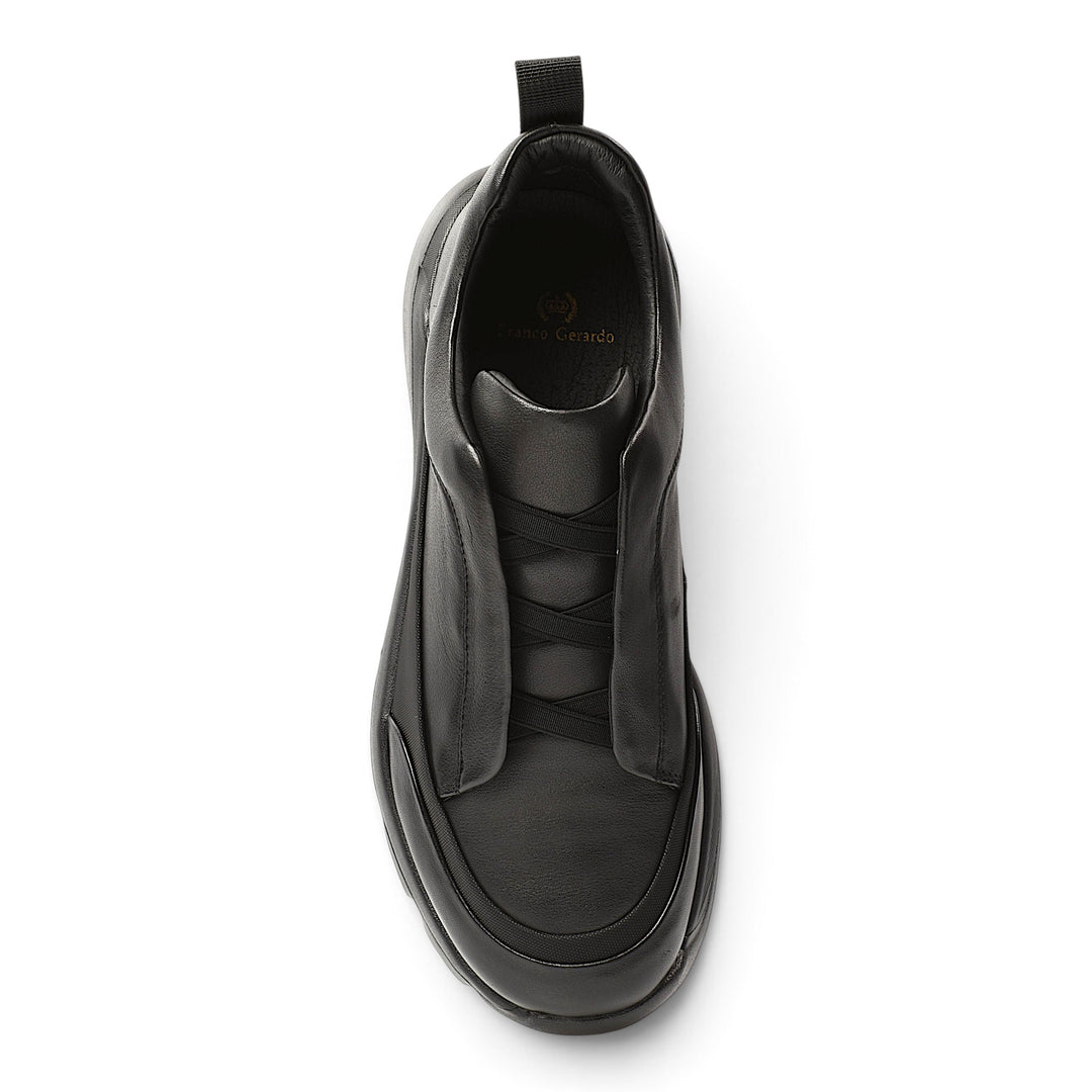 Top view of black leather Franco Gerardo sneakers with elastic inserts and a flexible sole from ada-shoes.ro
