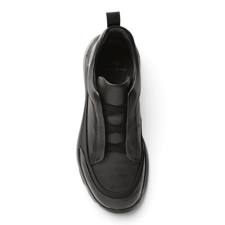 Top view of black leather Franco Gerardo sneakers with elastic inserts and a flexible sole from ada-shoes.ro