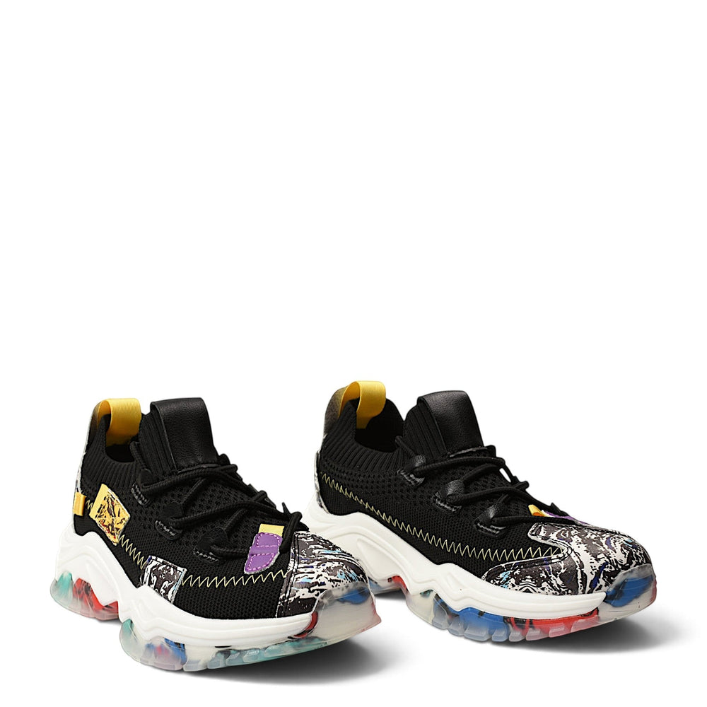 ada-shoes.ro Franco Gerardo black textile sneakers with a chunky 4.5cm platform sole and colorful abstract accents.