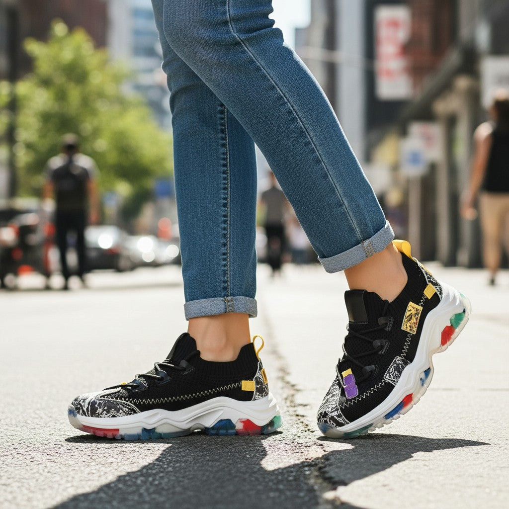 ada-shoes.ro Franco Gerardo black textile sneakers with chunky multi-colored soles worn with blue jeans on a city street